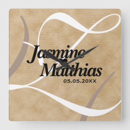 Reloj Cuadrado Boda Rústico Elegante Monograma Vintage Burlap