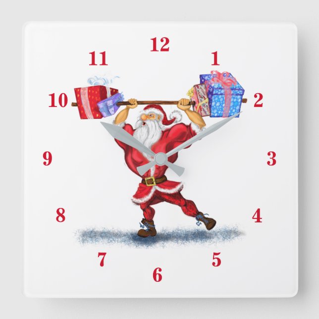 Reloj Cuadrado Bodybuilder Santa Claus with Christmas Gifts - Fun (Anverso)