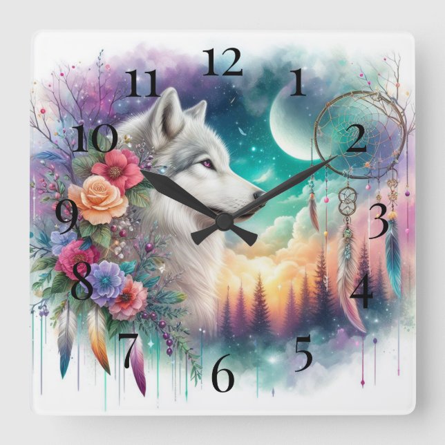 Reloj Cuadrado Bohemian Wolf y Dreamcatcher (Anverso)