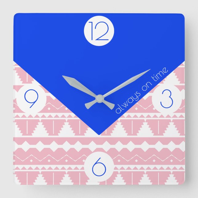 Reloj Cuadrado Bohemio siempre a tiempo azul y rosa Rubor (Anverso)