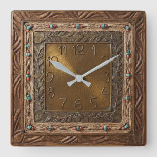 Reloj Cuadrado Boho Carved Wood & Brass Turquoise & Coral Beads