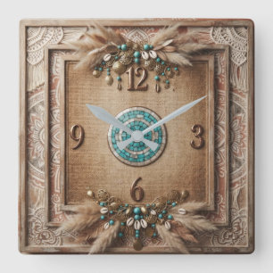 Reloj Cuadrado Boho Carved Wood & Turquoise Mosaic