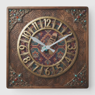 Reloj Cuadrado Boho Dark Wood & Ethnic  Turquoise Gemstone 