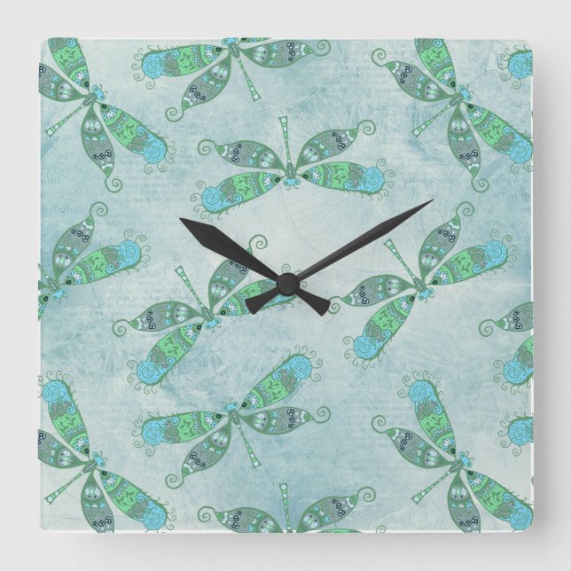 Reloj Cuadrado Boho Dragonflies en azul (Anverso)