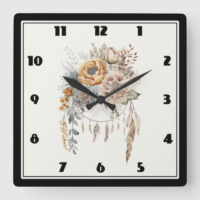 Reloj Cuadrado Boho Flower Bouquet y Dreamcatcher (Anverso)