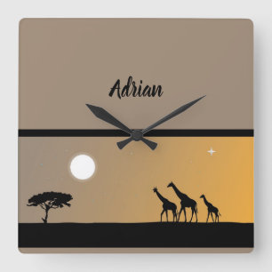 Reloj Cuadrado Boho Giraffes al atardecer con luna llena