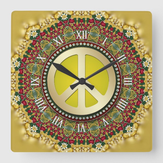 Reloj Cuadrado Boho Holiday Dreams PEACE Satin Lace Mandala (Anverso)