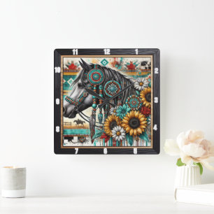 Reloj Cuadrado Boho Horse Sunflower