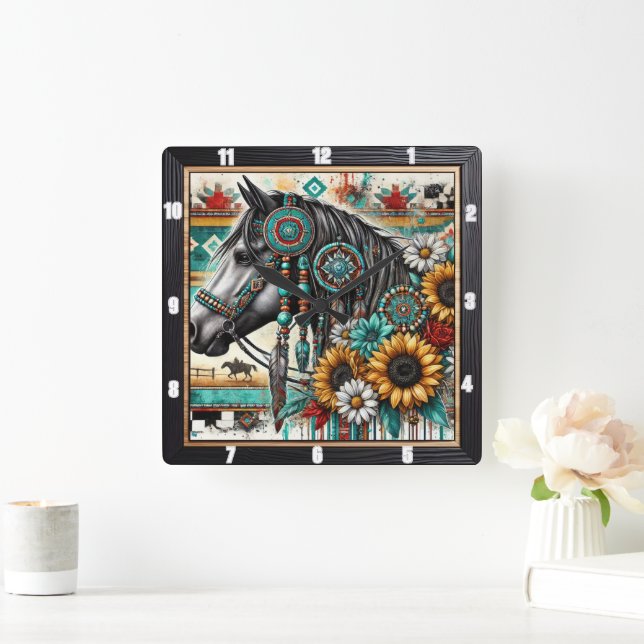 Reloj Cuadrado Boho Horse Sunflower (Hogar)