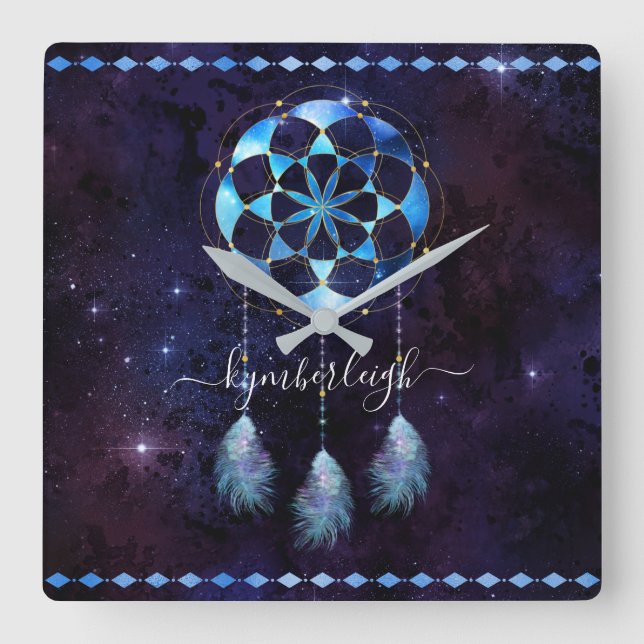 Reloj Cuadrado Boho Indigo Tribal Celestial Mandala Dreamcatcher (Anverso)