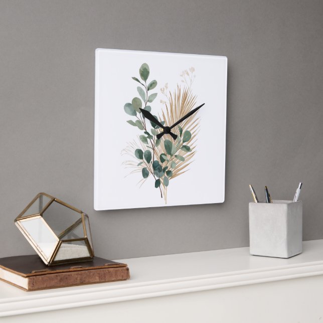 Reloj Cuadrado Boho Minimal Natural Botanical Wall Clock (Oficina)