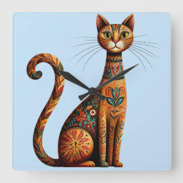 Reloj Cuadrado Boho Tribal Cat Cute Folk Art with Flowers