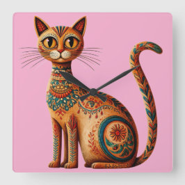 Reloj Cuadrado Boho Tribal Cat Cute Folk Art with Flowers