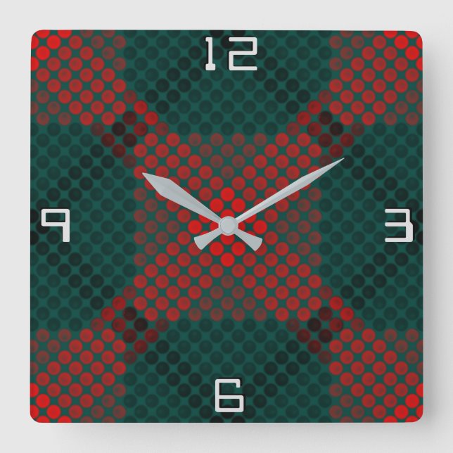 Reloj Cuadrado Bolas rojas a negras o agujeros sobre fondo verde (Anverso)