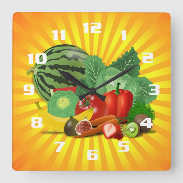 Reloj Cuadrado Bonita cocina de frutas y verduras (Anverso)