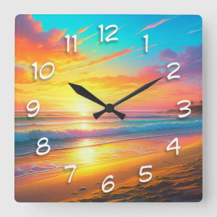 Reloj Cuadrado Bonita puesta de sol en la playa de arena del océa