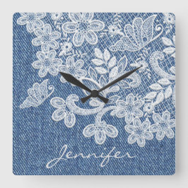 Reloj Cuadrado Bonito Azul Jean Denim Lace Wall Clock
