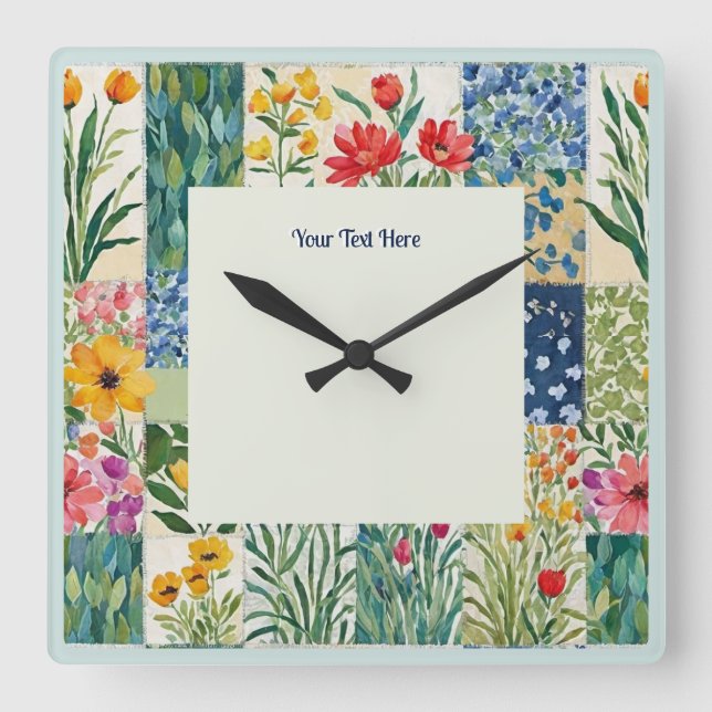 Reloj Cuadrado Bonito de flores de jardín botánico de patchwork f (Anverso)