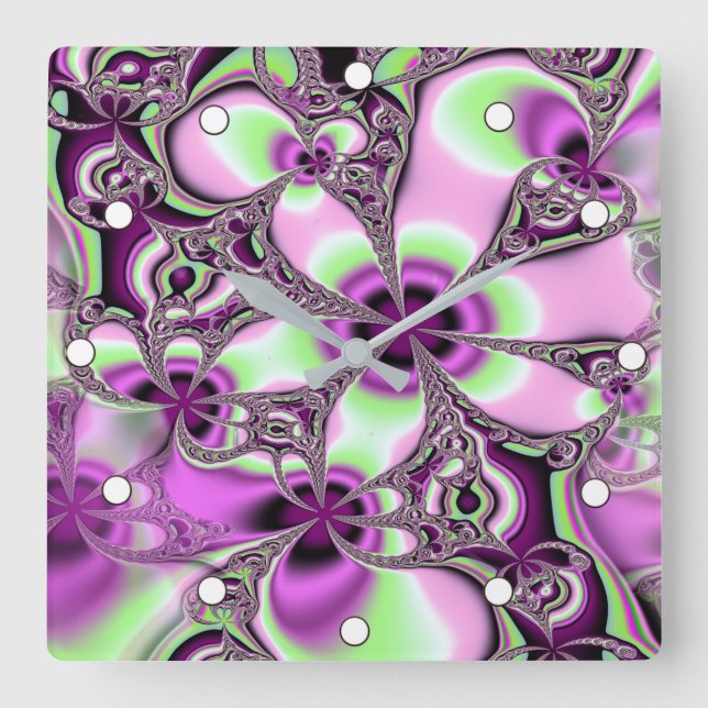 Reloj Cuadrado Bonito Fractal floral en tonos rosas y verdes (Anverso)
