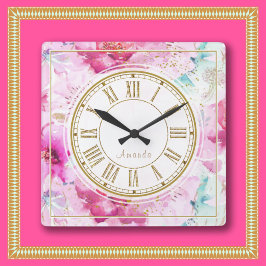 Reloj Cuadrado Bonito Nombre personalizado Floral Oro rosa Blanco