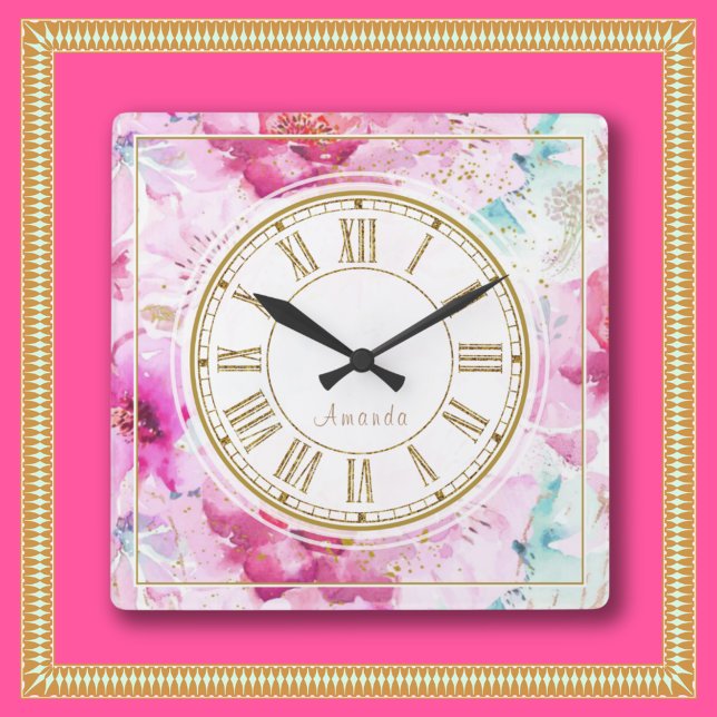Reloj Cuadrado Bonito Nombre personalizado Floral Oro rosa Blanco (Custom Wall Clock Pretty Pink Gold White Blue from the Loud and Sassy store. Cute, Girly, Chic Luxe.)