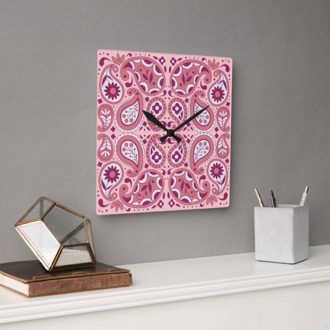 Reloj Cuadrado Bonito Paisley Diseño Flores Caídas Lágrimas Rosa (Oficina)