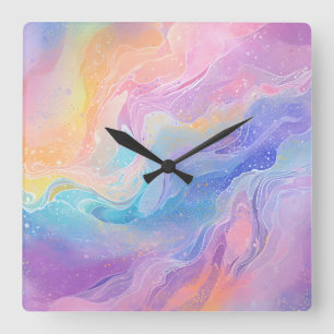 Reloj Cuadrado Bonito Pastel acuarela Arcoiris Liquido Pour Art