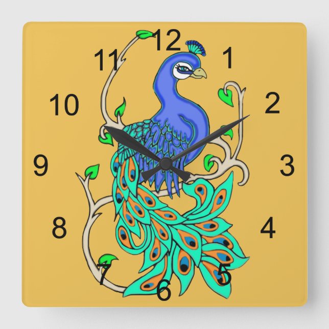Reloj Cuadrado Bonito Peacock Square Wall Clock (Anverso)