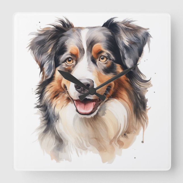 RELOJ CUADRADO BONITO WATERCOLOR AUSTRALIAN SHEPHERG PERRO (Anverso)