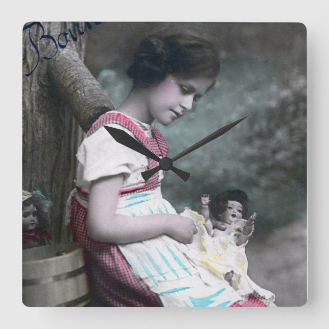 Reloj Cuadrado Bonne Année Vintage Chica con muñeca (Anverso)