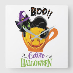 Reloj Cuadrado Boo Black Cat, Scary Pumpkin Coffee Halloween