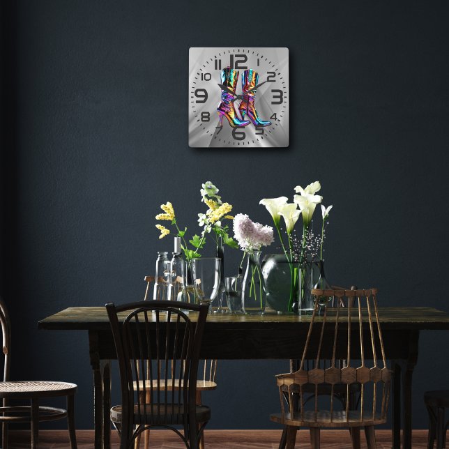 Reloj Cuadrado Boots holográficos de vaquero de pared acrílico (Subido por el creador)
