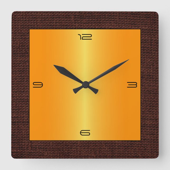 Reloj Cuadrado Borde de Burlap moderno de acero inoxidable dorado (Anverso)