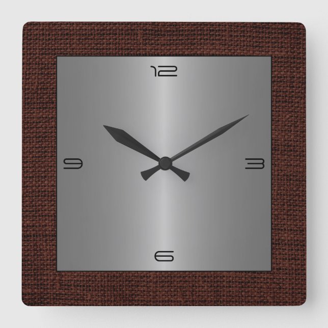 Reloj Cuadrado Borde de Burlap moderno de acero inoxidable platea (Anverso)