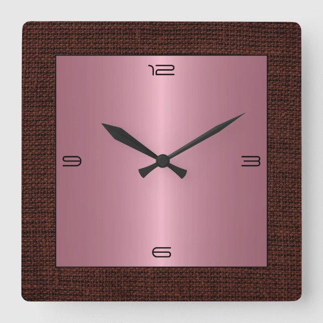Reloj Cuadrado Borde de Burlap moderno de acero inoxidable rosa (Anverso)
