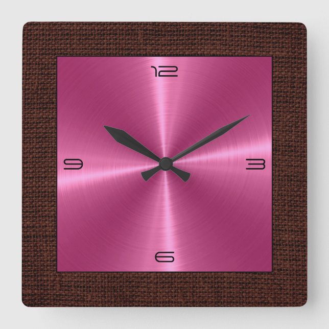 Reloj Cuadrado Borde de Burlap moderno de acero inoxidable rosa (Anverso)