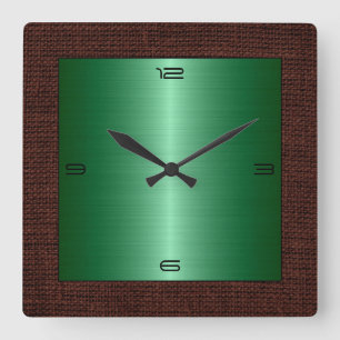 Reloj Cuadrado Borde de Burlap moderno de acero inoxidable verde