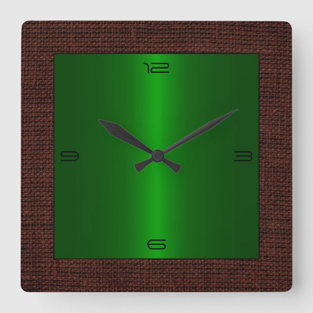 Reloj Cuadrado Borde de Burlap moderno de acero inoxidable verde (Anverso)