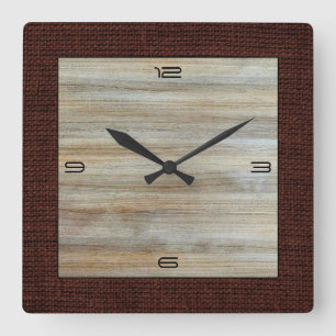 Reloj Cuadrado Borde de Burlap moderno de granos de madera
