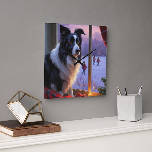 Reloj Cuadrado Border Collie Con Luces De Navidad Fiesta (Oficina)