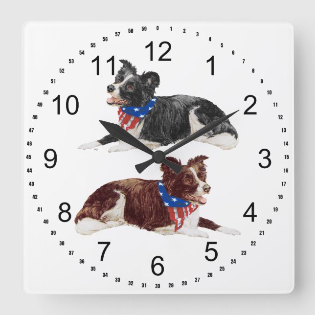 Reloj Cuadrado Borderes collies patrióticos (Anverso)