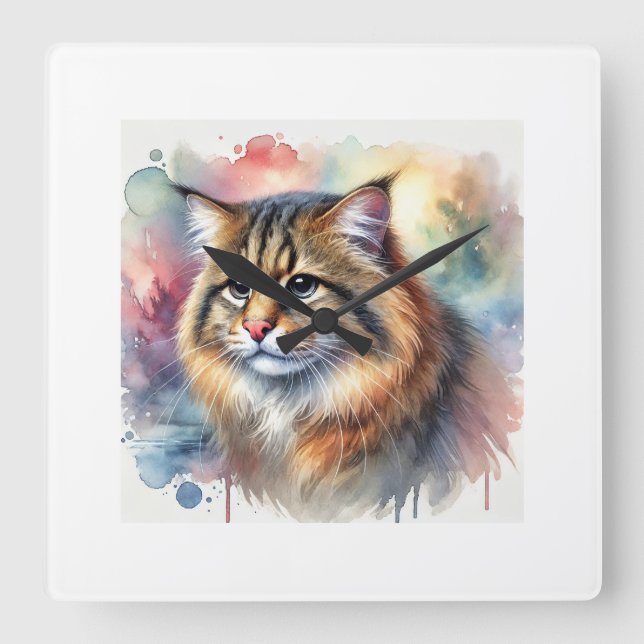 Reloj Cuadrado Bornean cat 220924AREF139 - Watercolor (Anverso)