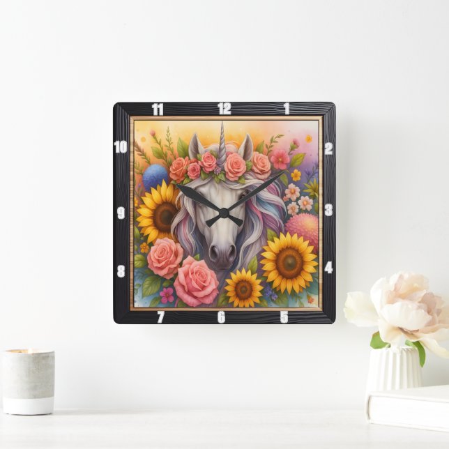 Reloj Cuadrado Bosque arcoiris florido Unicornio (Hogar)