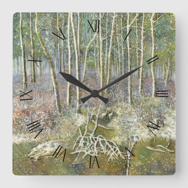 Reloj Cuadrado bosque invernal Watercolor (Anverso)
