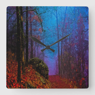 Reloj Cuadrado Bosque Pintado Niebla Púrpura de Otoño