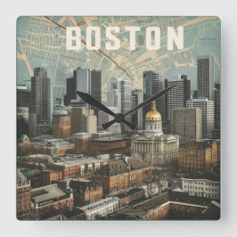 Reloj Cuadrado Boston, Boston Massachusetts City Skyline con mapa