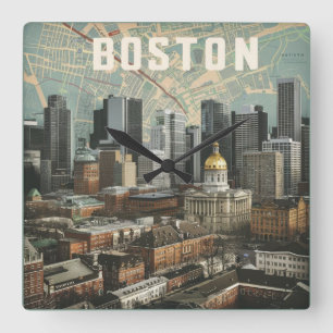 Reloj Cuadrado Boston, Boston Massachusetts City Skyline con mapa