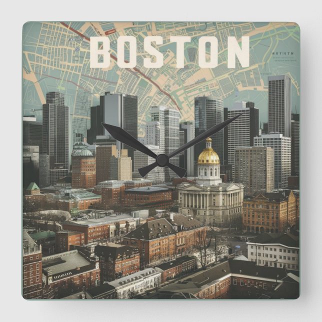 Reloj Cuadrado Boston, Boston Massachusetts City Skyline con mapa (Anverso)