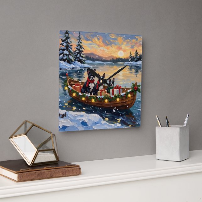 Reloj Cuadrado Boston Terrier Christmas Boat Holiday (Oficina)