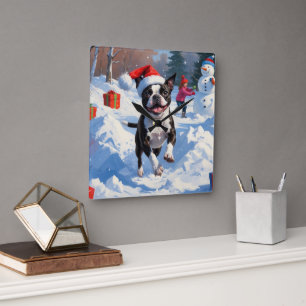 Reloj Cuadrado Boston Terrier Escena Invernal Navideña